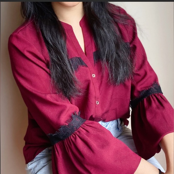 Karl Lagerfeld Tops - Karl Lagerfeld Malbec Wine Red Bell Sleeve Blouse | Size Large